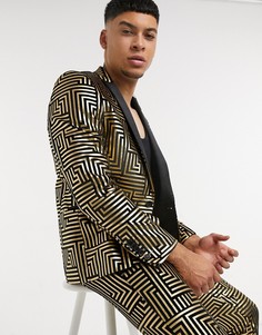 Пиджак из черного бархата с атласными лацканами и блестящим геометрическим узором золотистого цвета Twisted Tailor-Золотой