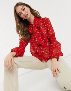 Красная блузка с завязкой на вороте и цветочным принтом New Look-Красный