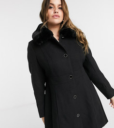 Черное длинное пальто с воротником из искусственного меха Forever New Curve-Черный