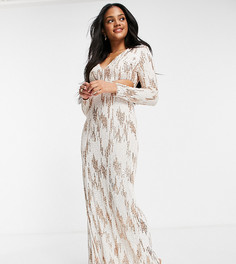 Кремовое платье макси с золотистой отделкой, пайетками и глубоким декольте Jaded Rose exclusive-Белый