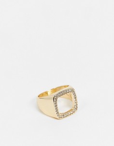 Золотистое кольцо-печатка с вырезом и отделкой стразами DesignB London-Золотой