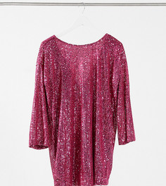 Розовое платье мини с пайетками, длинными рукавами, подплечниками и V-образным вырезом на спине ASOS DESIGN Petite-Розовый