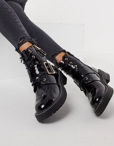 Черные ботинки на шнуровке с лакированной пряжкой New Look-Черный