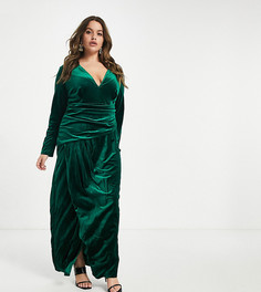 Эксклюзивное изумрудно-зеленое бархатное платье макси с запахом Jaded Rose-Зеленый