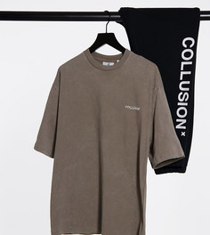 Футболка цвета хаки в стиле oversized с эффектом кислотной стирки COLLUSION Unisex-Зеленый