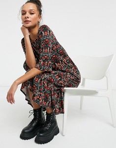 Платье миди с оборками на рукавах и красным цветочным принтом Miss Selfridge-Черный