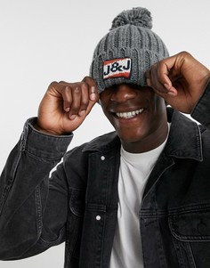 Серая шапка-бини с помпоном и логотипом Jack & Jones-Серый