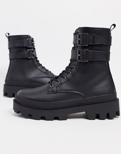 Черные ботинки из искусственной кожи со шнуровкой и двойным ремешком ASOS DESIGN-Черный