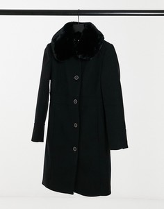 Черное длинное пальто с воротником из искусственного меха Forever New-Черный