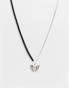 Контрастное ожерелье с серебристой цепочкой и черными бусинами и подвеской-бабочкой Chained & Able-Мульти