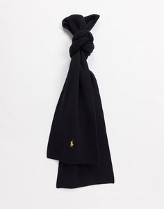 Черный шарф из шерсти мериноса с золотистым логотипом пони Polo Ralph Lauren