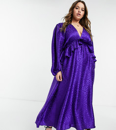Фиолетовое платье мидакси с декольте, оборками, разрезом по бедру и леопардовым орнаментом John Zack Plus-Мульти