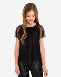 Чёрная блузка с сетчатыми рукавами для девочки Gloria Jeans