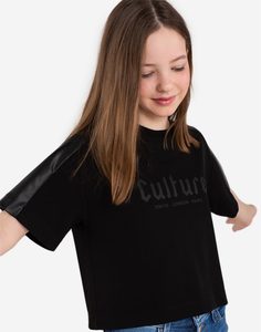 Чёрная футболка oversize с кожаными вставками на рукавах для девочки Gloria Jeans