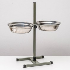 Подставка с мисками, 2 х 2 л, высота 50 см, разборная, серо-зелёная шагрень Пижон