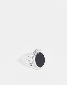 Серебристое овальное кольцо-печатка с черным камнем Chained & Able-Серебряный