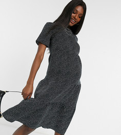 Черное многоярусное присборенное платье миди в горошек Influence Maternity-Мульти
