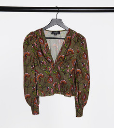 Коричневая блузка с объемными рукавами и цветочным принтом Outrageous Fortune Petite-Мульти
