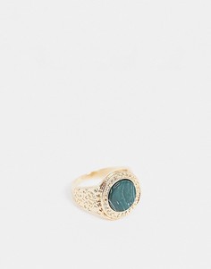 Золотистое кольцо-печатка с зеленым мраморным камнем DesignB-Золотистый