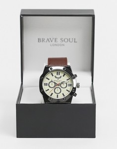 Черные часы с кожаным ремешком Brave Soul-Коричневый