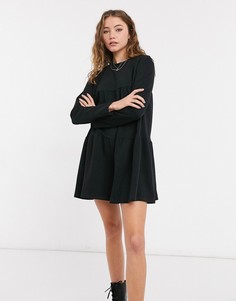 Черное многоярусное платье-футболка свободного кроя с длинными рукавами Bershka-Черный