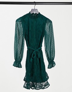 Изумрудно-зеленое кружевное платье мини с высоким воротом, поясом и длинными рукавами Little Mistress-Зеленый