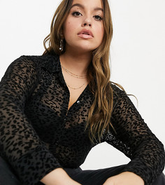 Полупрозрачная приталенная рубашка на пуговицах в стиле 90-х с бархатным леопардовым принтом и выжженным эффектом Rokoko Plus-Черный