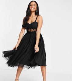 Черное эксклюзивное платье миди для выпускного вечера с лифом в стиле корсета из сетки добби Lace & Beads-Мульти