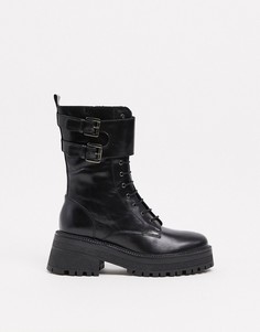 Черные кожаные ботинки на среднем каблуке со шнуровкой и пряжками Schuh Asher-Черный
