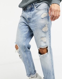 Прямые джинсы винтажного кроя голубого цвета с рваной отделкой Bershka-Синий