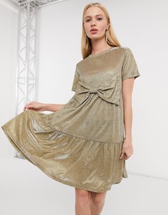 Платье с присборенной юбкой, бантом и удлиненным подолом Urban Threads-Золотой