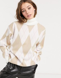 Кремовый джемпер oversized с высоким воротником и повторяющимся принтом In The Style x Olivia Bowen-Мульти