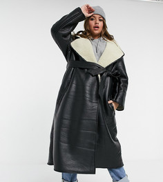 Удлиненное пальто из искусственной кожи с поясом в черном и кремовом цветах ASOS DESIGN-Черный