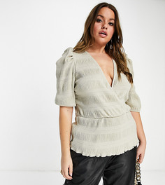 Бежевый плиссированный топ с объемными рукавами и запахом ASOS DESIGN Curve-Neutral