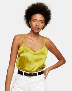 Оливковый атласный топ на бретельках с фестонами Topshop-Зеленый