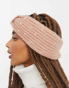 Бежевая вязаная повязка на голову с отделкой в виде жемчужин Pieces-Розовый