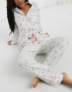 Бежевый трикотажный пижамный комплект с отложным воротником и принтом Snoopy Womensecret-Кремовый Women'secret