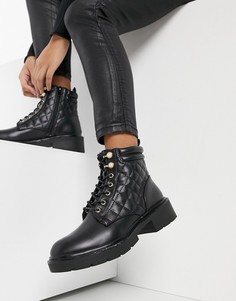 Черные походные ботинки со стеганым дизайном, шнуровкой и отделкой искусственным жемчугом New Look-Черный