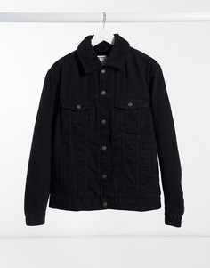 Черная джинсовая куртка с воротником из искусственного меха Bershka-Черный