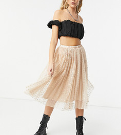 Эксклюзивная юбка миди из тюля с акцентами в виде металлических сердец цвета золотая роза от комплекта Lace & Beads-Золотой