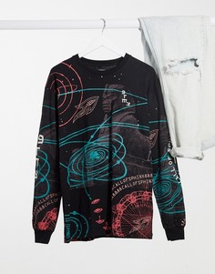 Лонгслив в стиле oversized с принтом галактики Grimey-Черный