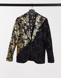Черный пиджак с диагональной золотистой вставкой и цветочным принтом с набивкой флок Twisted Tailor
