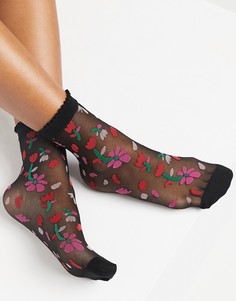 Прозрачные черные носки до щиколотки с цветочным принтом Pretty Polly-Черный
