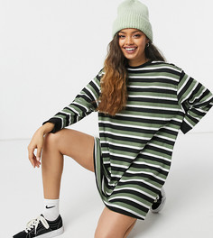 Платье-футболка цвета хаки в стиле oversized в полоску с длинными рукавами ASOS DESIGN Petite-Мульти