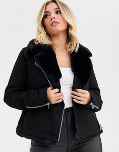 Джинсовая куртка в байкерском стиле с воротником из искусственного меха ASOS DESIGN-Черный