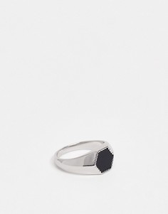 Серебристое кольцо-печатка с черным шестигранным камнем River Island-Серебряный