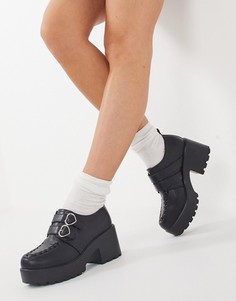Черные туфли из искусственной кожи на каблуке и массивной подошве с пряжками в виде сердечек Koi Footwear-Черный