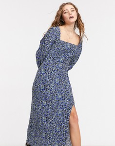 Синее платье миди с квадратным вырезом и цветочным принтом Bershka-Синий
