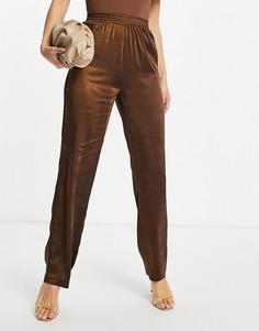 Атласные брюки шоколадного цвета с эластичной резинкой на талии Aria Cove-Коричневый