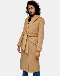 Бежевое шерстяное пальто с поясом Topshop-Коричневый
